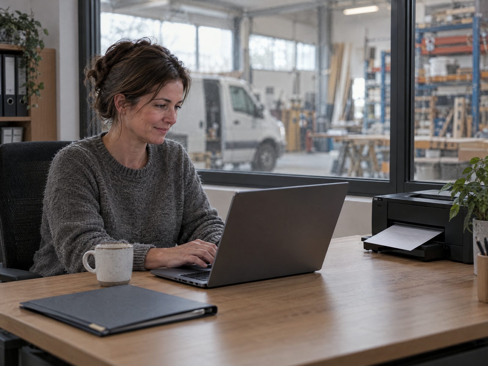 Bürokraft eines Handwerksbetriebs arbeitet entspannt am Laptop, im Hintergrund Werkstatt und Firmentransporter