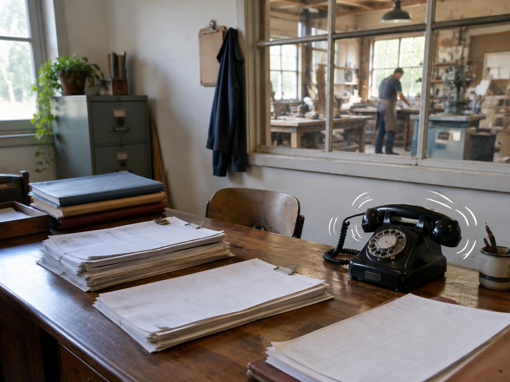 Bürotisch mit Papierstapeln und Telefon – das Durcheinander, das wegfällt