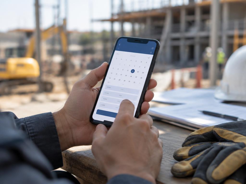 Monteur trägt auf der Baustelle Stunden und Fotos per Handy ein