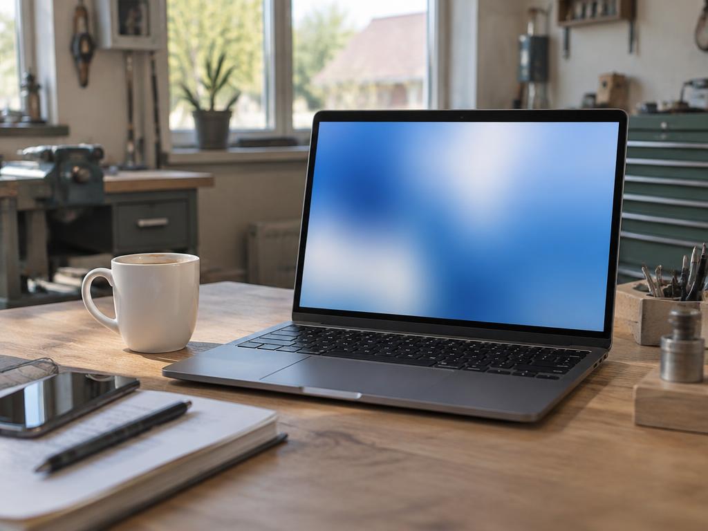 Büro-Arbeitsplatz mit Laptop, an dem die Rechnung erstellt wird